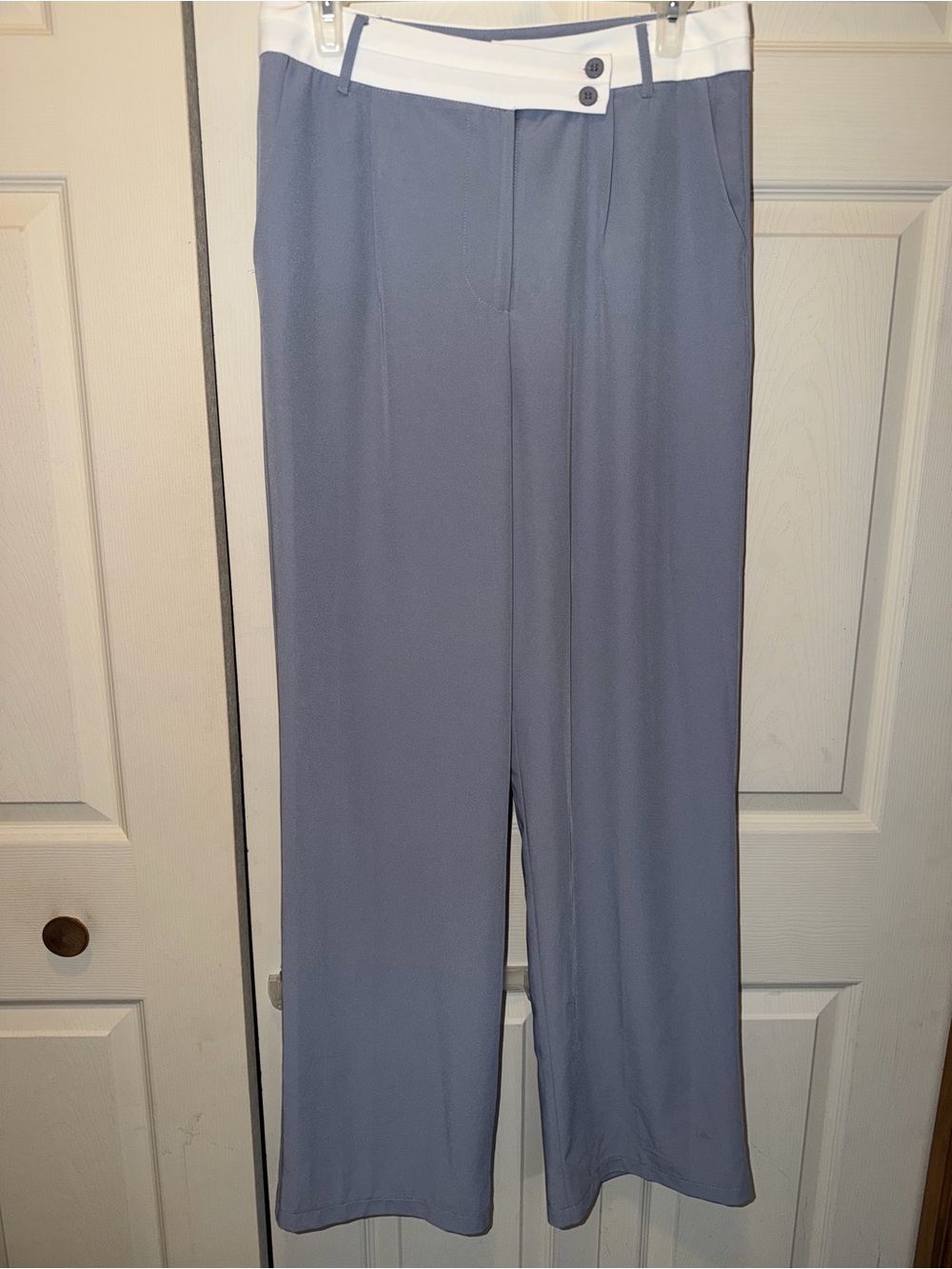High-Rise Wide-Leg Pants in bluish/grey with White Waistband